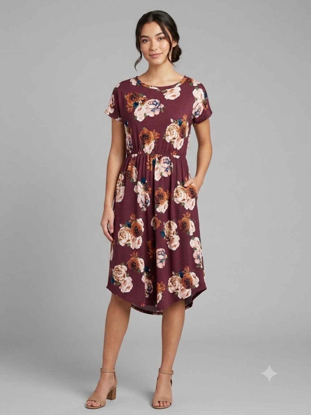 Reborn J Maroon Floral A-Line Short Sleeve Midi Dress.